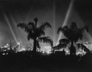 hollywood spotlights in black and white