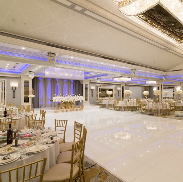 Shiny white dance floor in glendale banquet hall