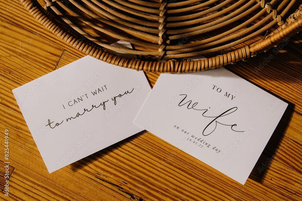 Handwritten wedding vow cards resting on a wicker basket and wooden table