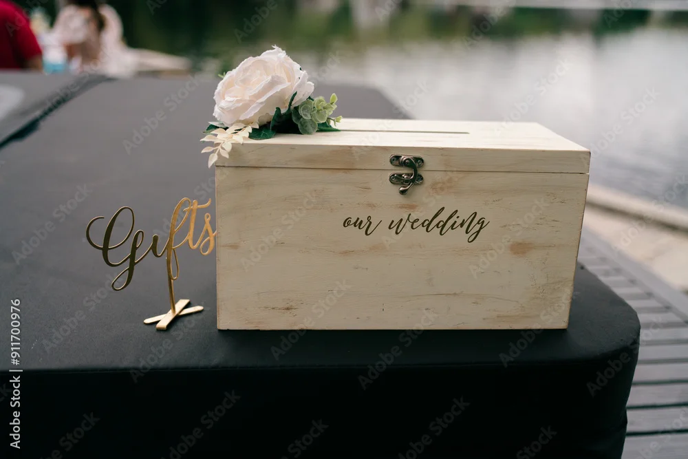 Wooden wedding card box labeled Our Wedding beside a gold Gifts sign