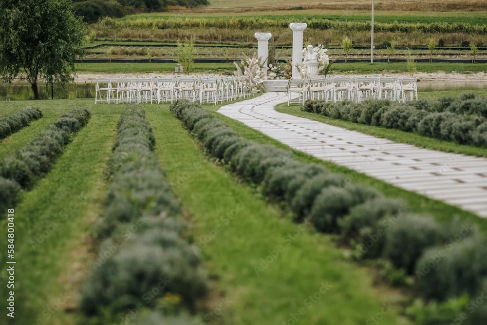 Outdoor ceremony aisle lined with lavender rows leading to white columns and chairs
