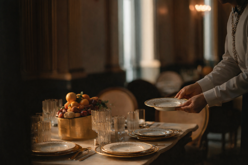 Server placing a gold-rimmed plate on an elegant table set with a citrus centerpiece