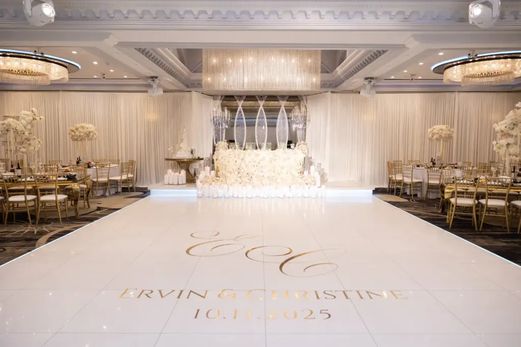 Dance floor with a couple's monogram and wedding date projected in front of a floral display