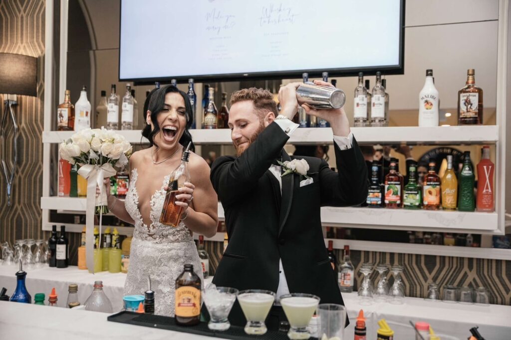 Wedding guests toasting with champagne flutes