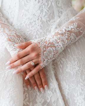 Close-up of a bride's lace-sleeved hands showing her engagement ring