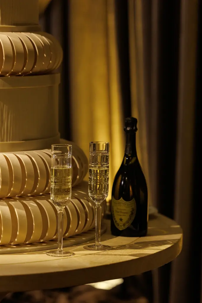 Champagne bottle and two flutes displayed on a carved pedestal table