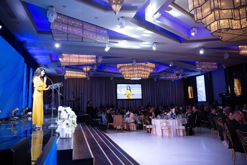 Outdoor tented corporate event setup