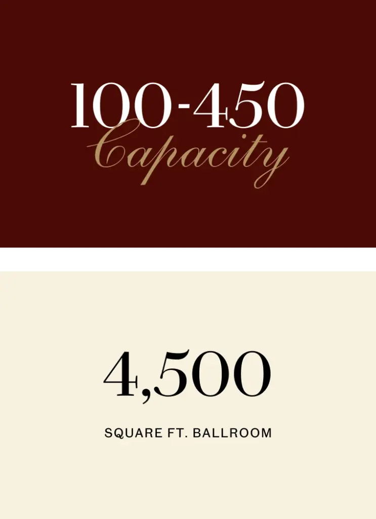 Graphic listing venue capacity of 100-450 guests and a 4,500 sq ft ballroom