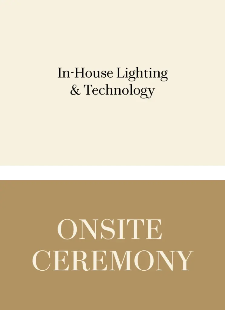 Text graphic highlighting in-house lighting and technology and onsite ceremony