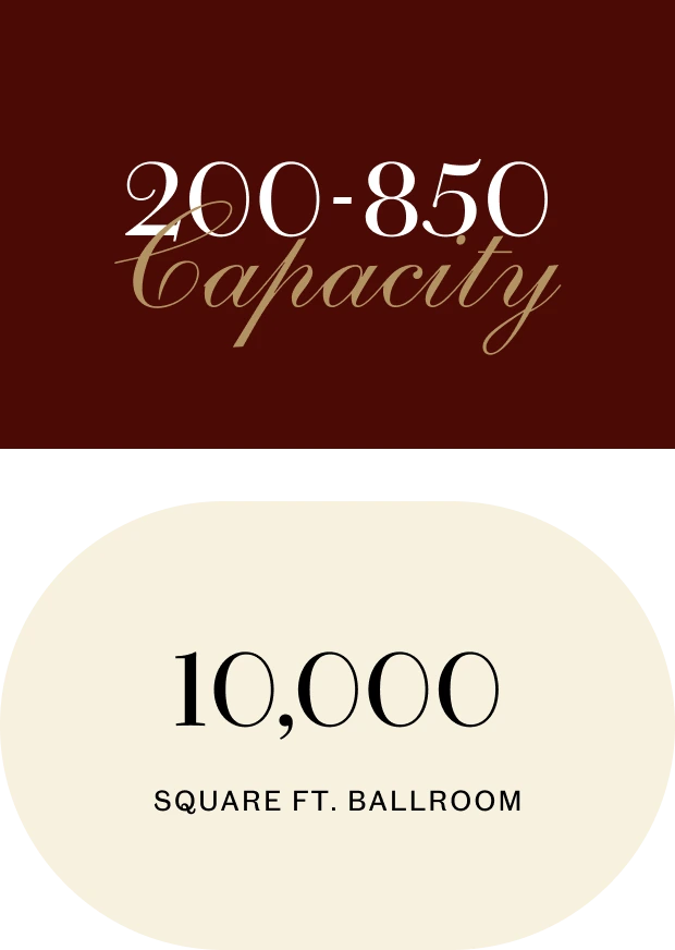 Graphic listing venue capacity of 200-850 guests and a 10,000 sq ft ballroom
