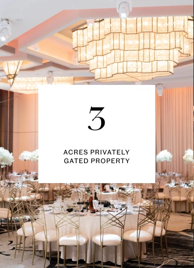 Text graphic reading 3 acres privately gated property over a ballroom interior