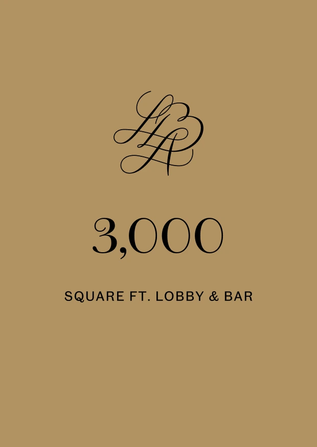 Graphic with L.A. Banquets monogram noting 3,000 sq ft lobby and bar