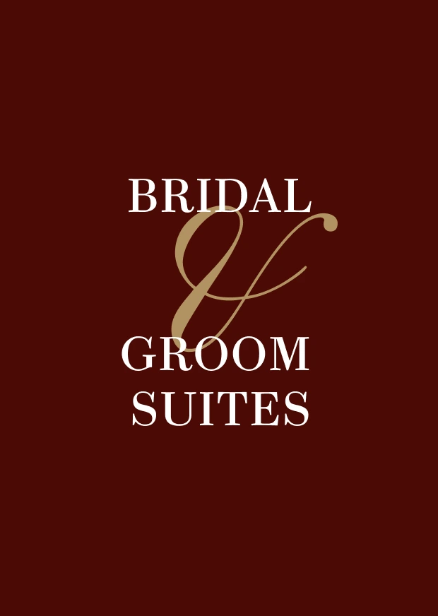 Bridal and Groom Suites signage card in deep red and gold