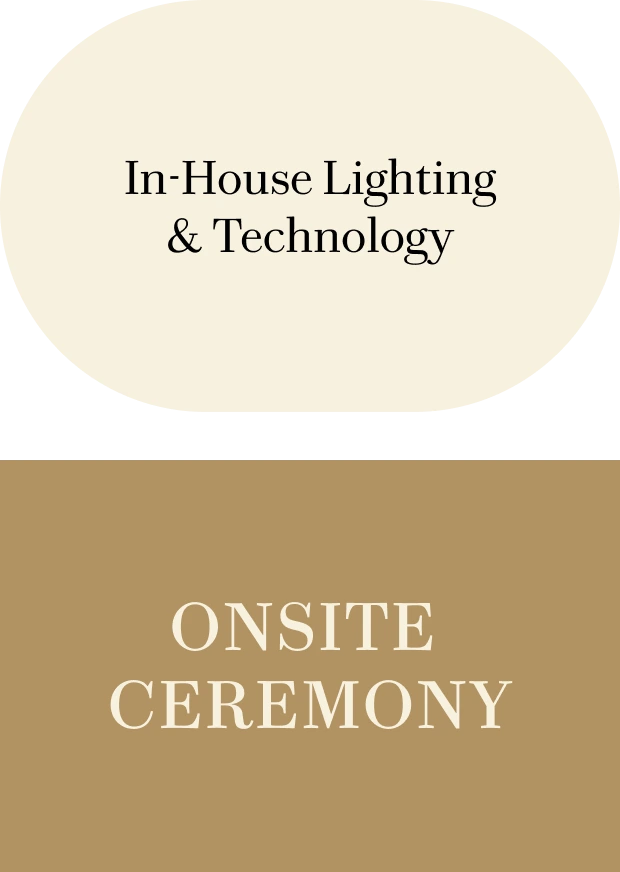 Amenity cards reading In-House Lighting and Technology and Onsite Ceremony
