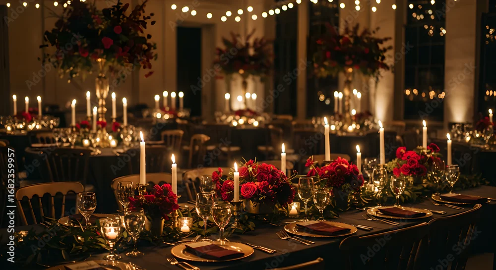 Candlelit banquet table set with red rose centerpieces and gold accents