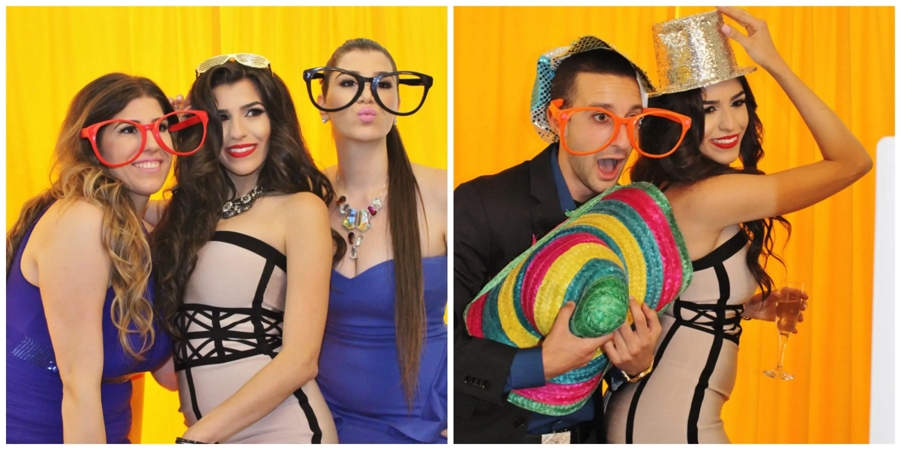 Guests posing with oversized novelty glasses and props at a yellow photo booth backdrop