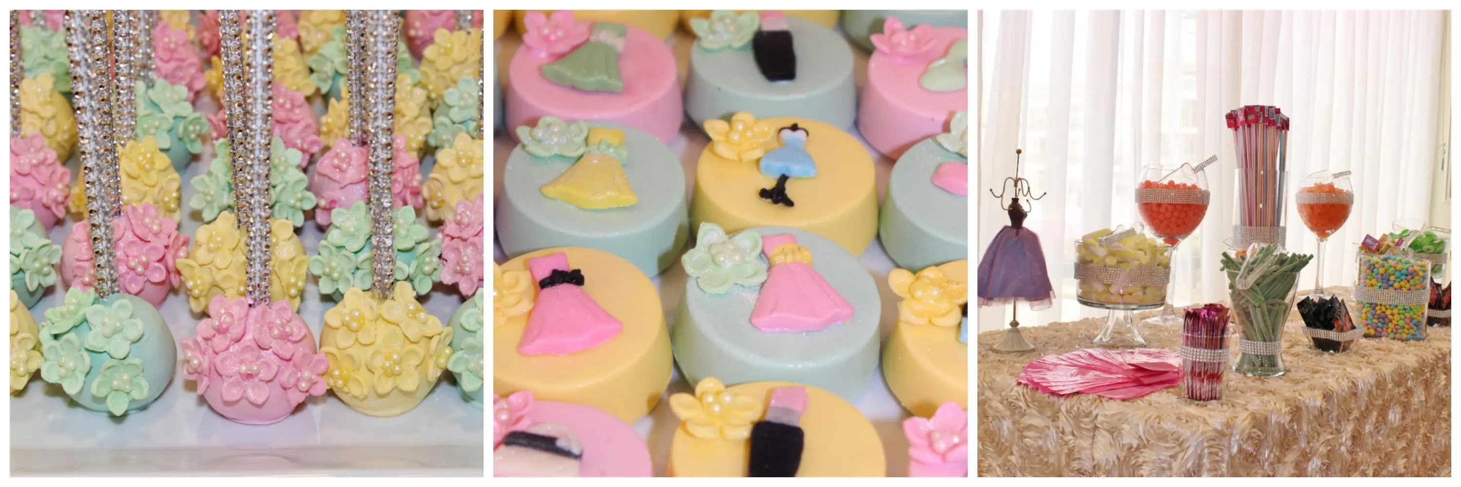 Pastel cake pops, dress-shaped cookies, and a candy dessert table at a bridal shower