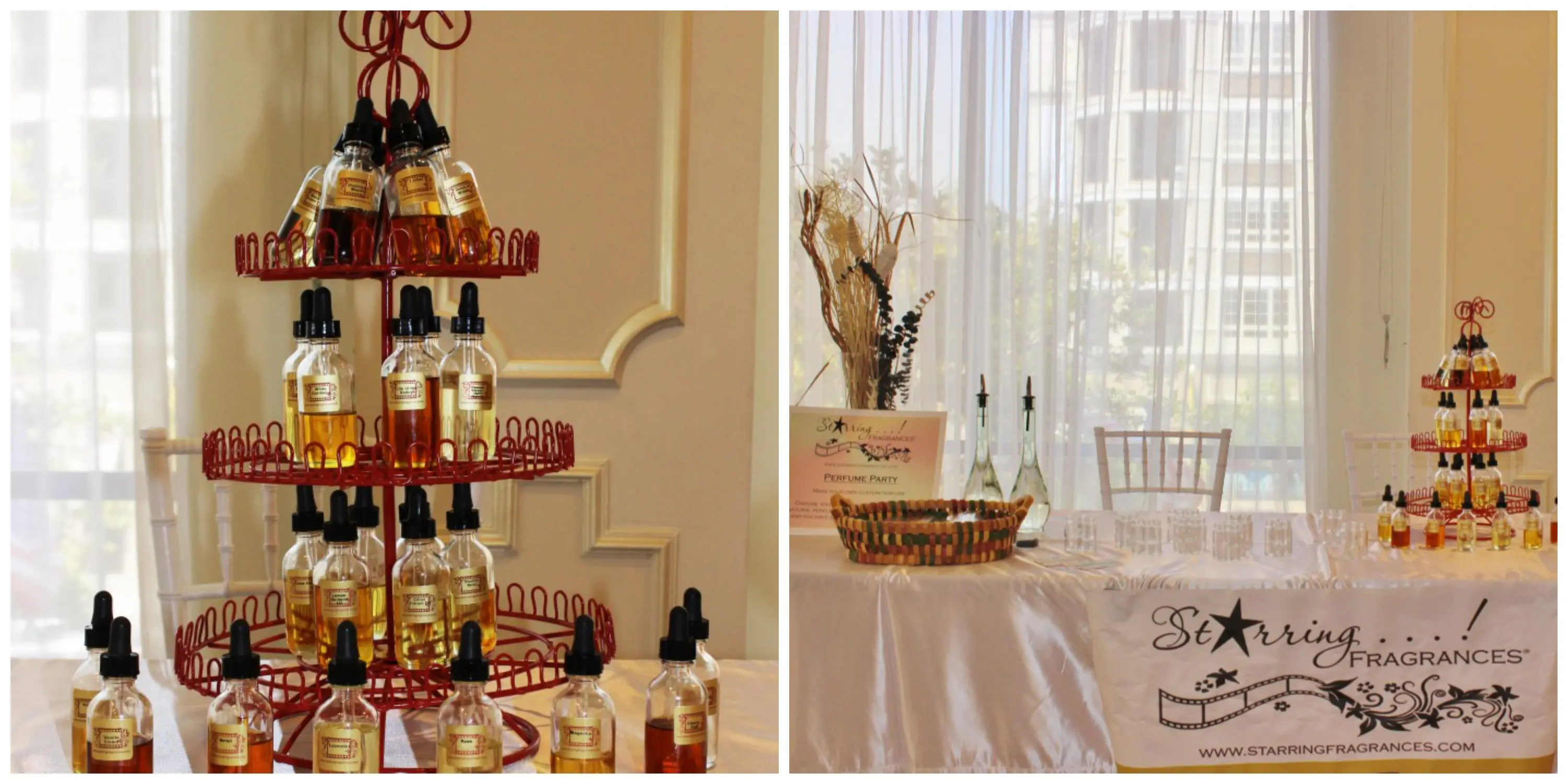 Tiered display of amber fragrance bottles at a Starring Fragrances favor table