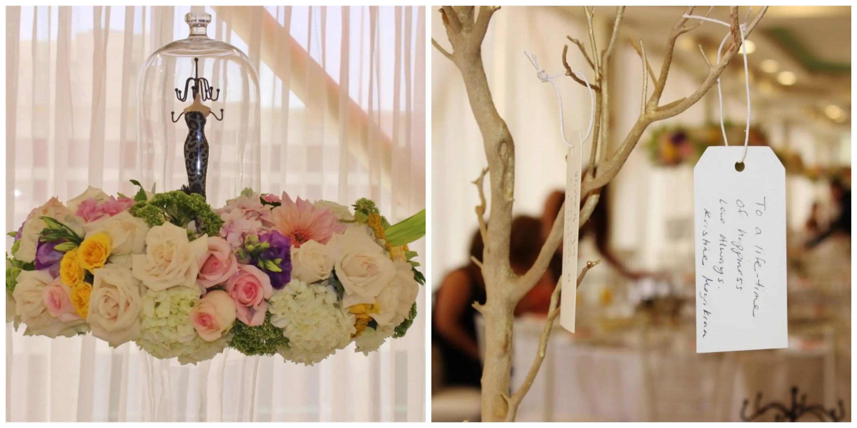 Floral centerpiece under a glass cloche and a wish tree hung with handwritten notes
