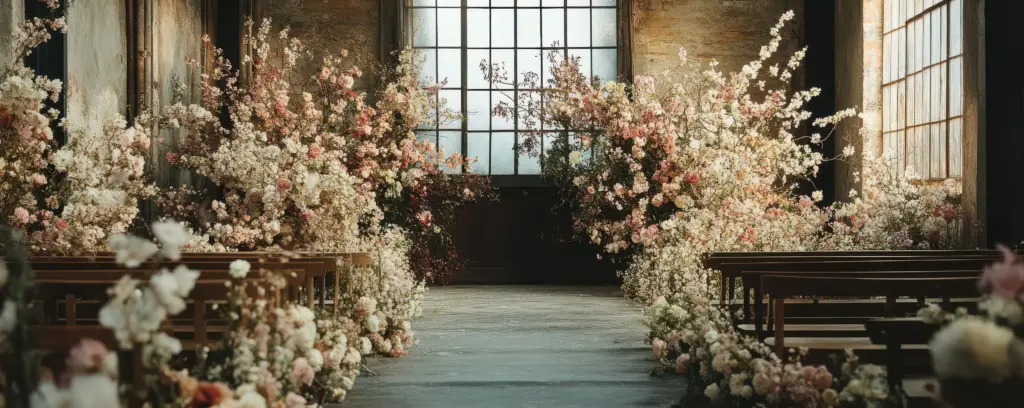 Rustic aisle lined with white and pink floral installations beneath a tall arched window