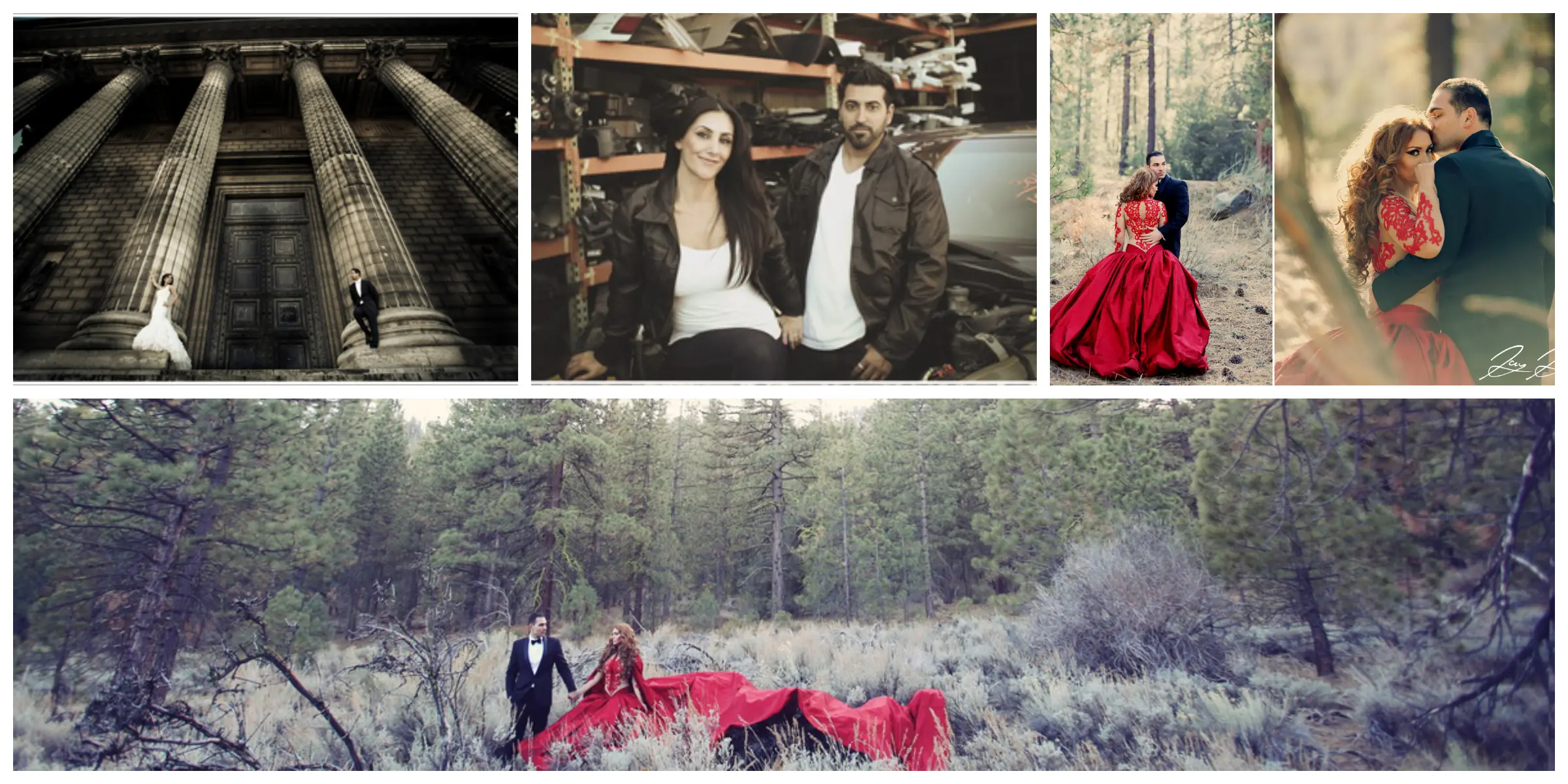 Photo collage of engagement portraits including a courthouse and a red gown in a forest