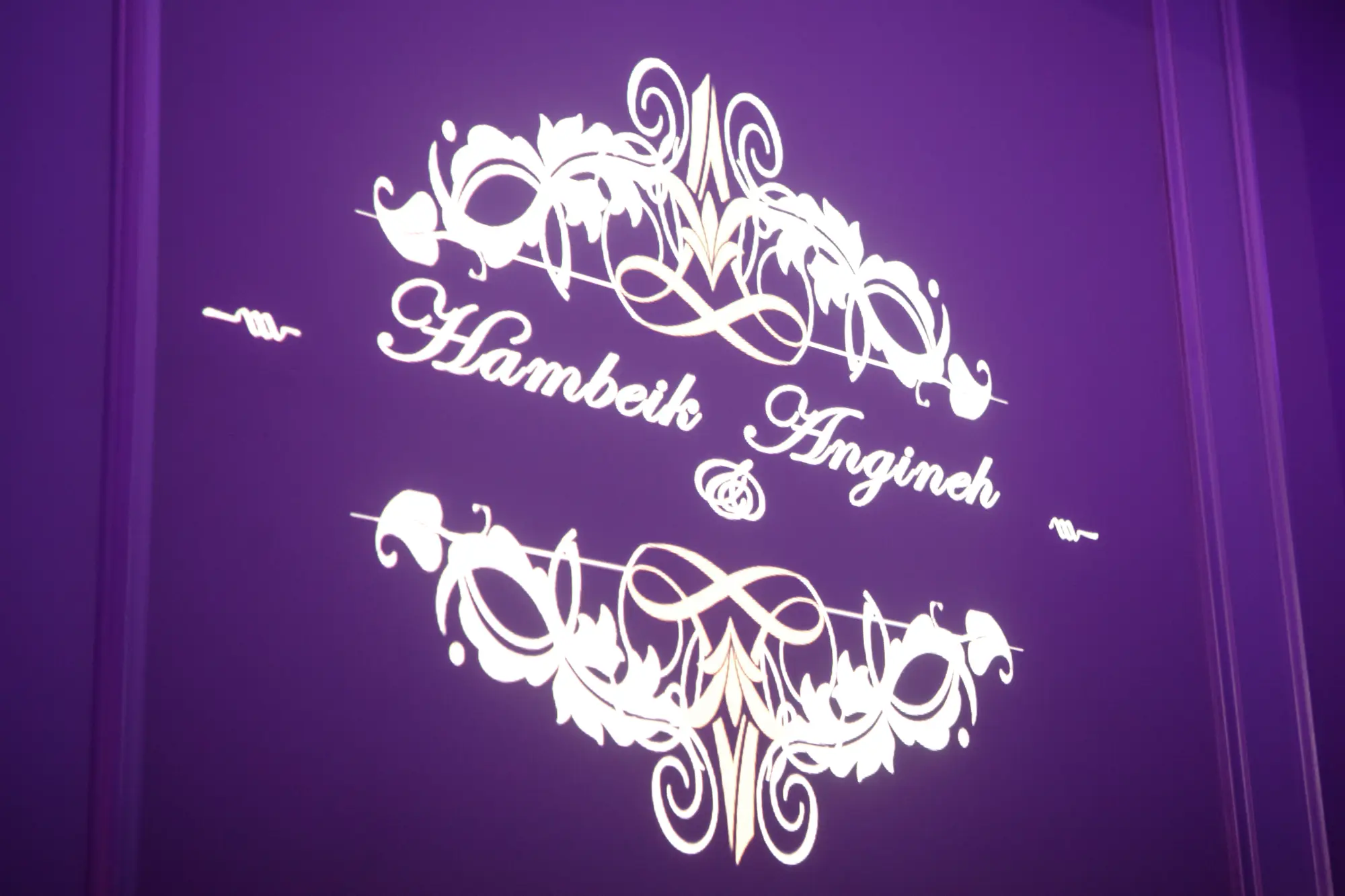 Illuminated monogram wall display with the couple's names at a wedding reception