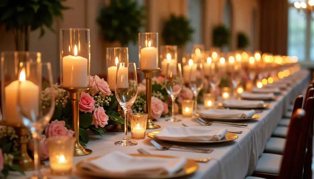 Long banquet table set with candles, roses, and gold-rimmed place settings
