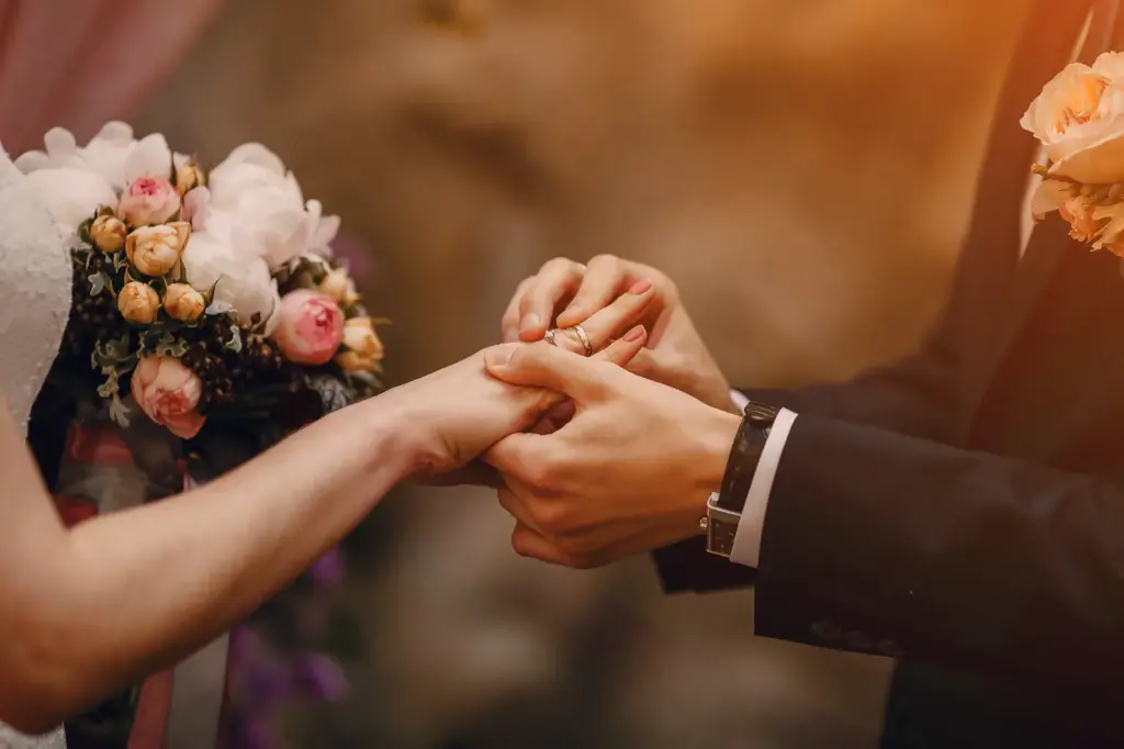 Groom placing a wedding ring on the bride's finger beside her bouquet