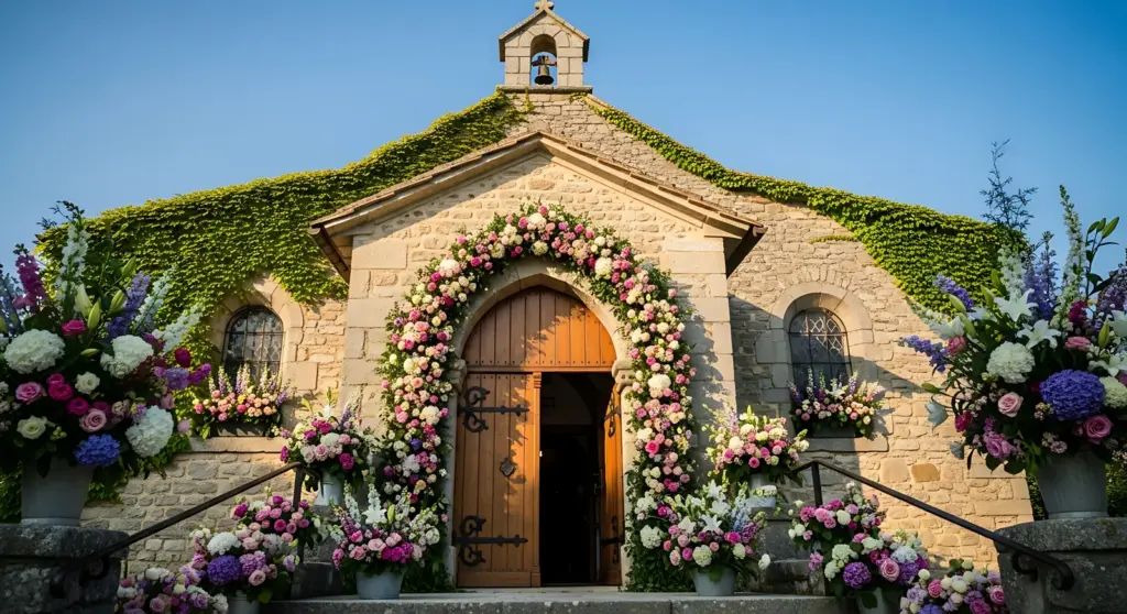 Stone chapel entrance framed by a floral archway of roses and hydrangeas