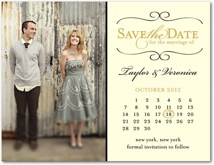 Save-the-date card featuring an engagement photo and a calendar of the wedding day