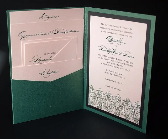 Green pocketfold wedding invitation with a Celtic knot border