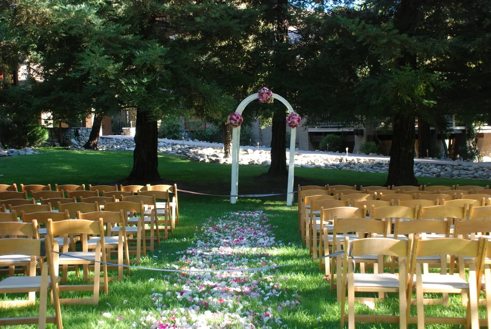 Outdoor wedding ceremony setup with wooden chairs and a floral arch under trees