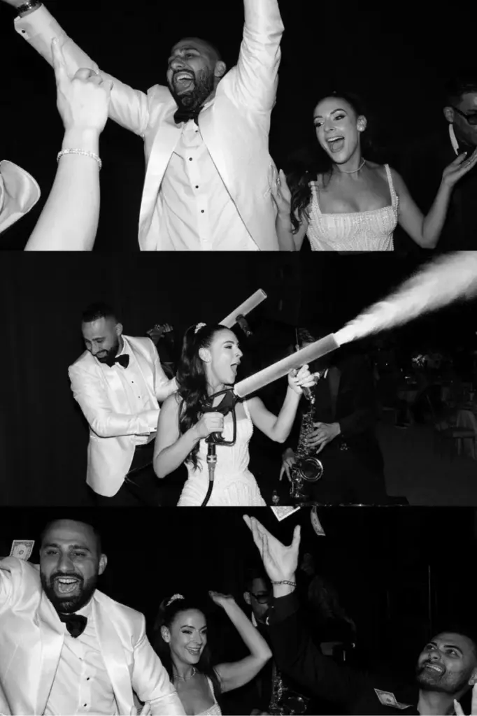 Black and white collage of the groom and guests celebrating, singing, and tossing cash at the reception
