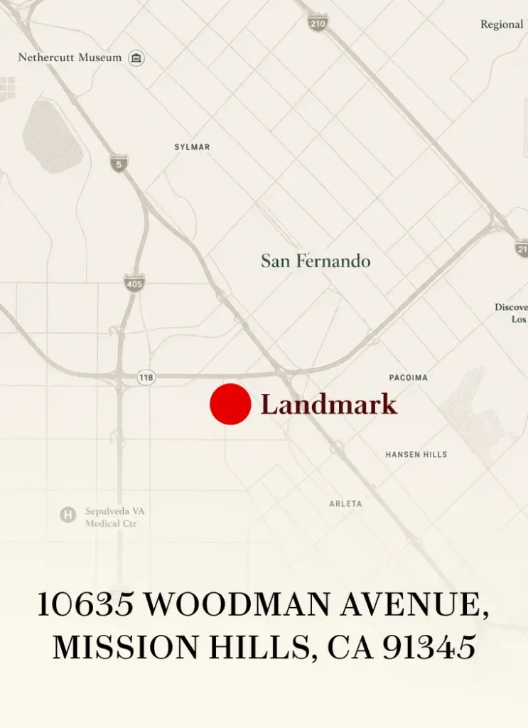 Map showing The Landmark location at 10635 Woodman Avenue, Mission Hills, California
